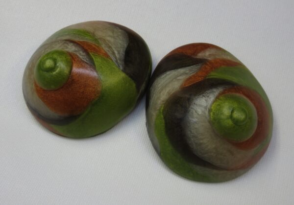 Two green, brown and red shells are sitting on a table.