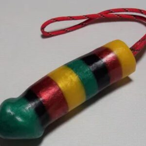 A wooden toy with red, yellow and green stripes.