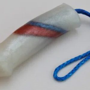 A plastic tube with a blue string attached to it.