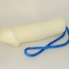 A white condom with blue string around it.