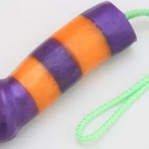 A purple and orange striped toy with green string.