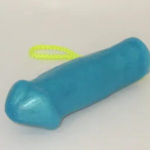 A blue toy with a yellow ring around it.