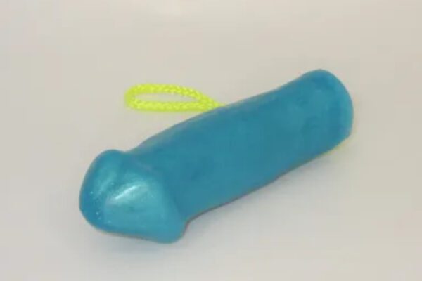 A blue toy with a yellow ring around it.