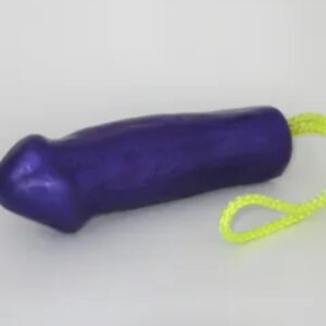 A purple toy with a yellow string around it.