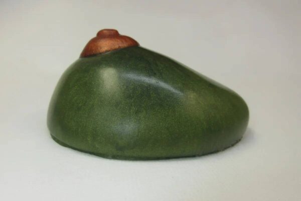 A green apple with a brown top on it.