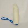 A white condom with blue string on it.