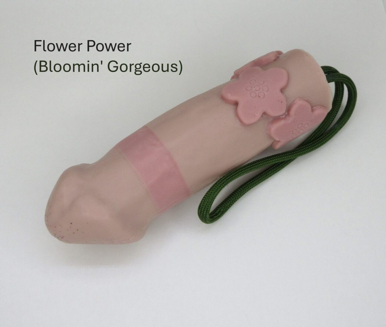 Pink dog toy with flower design.