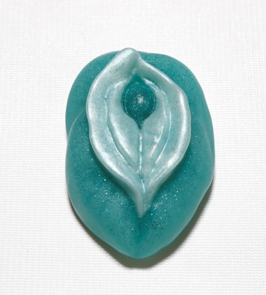 Blue and white decorative soap on display.