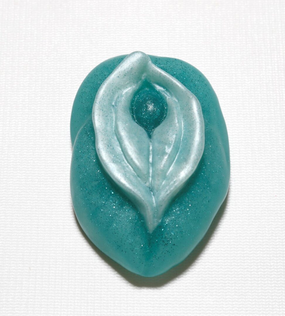 Blue and white decorative soap on display.