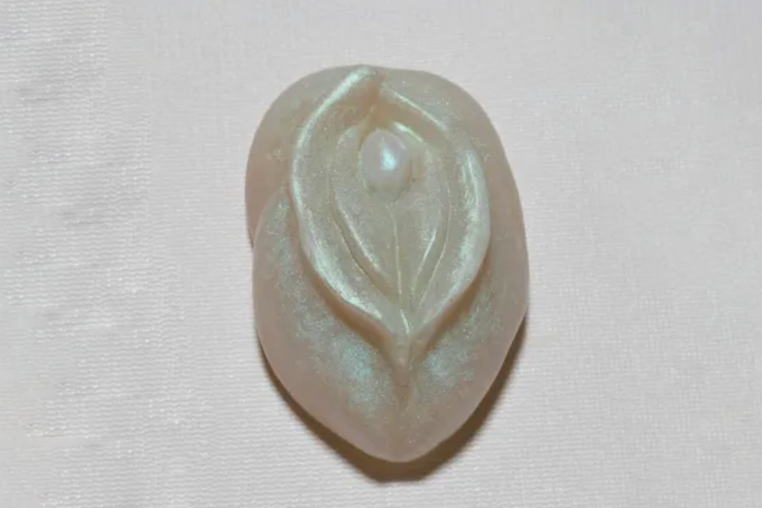 A white stone with a leaf design on it.