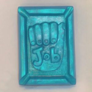 A blue rectangular plaque with the word " job " in it.