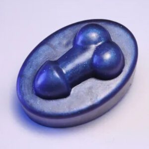 A blue soap with two balls in it