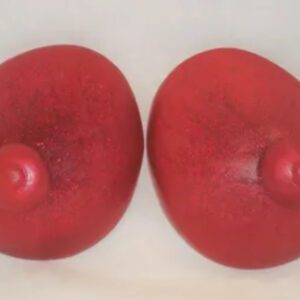 Two red breasts are shown on a white surface.