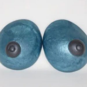 A pair of blue breasts with black eyes.