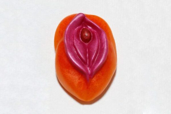 A close up of an orange and pink object