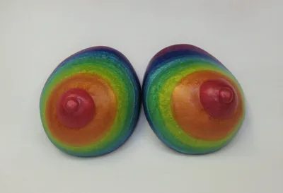 A pair of rainbow colored breasts on top of a table.