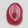 A pink condom with the design of an erotic woman 's vagina.