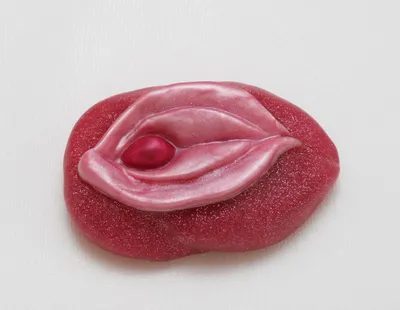 A pink jelly candy with a red lip on it.