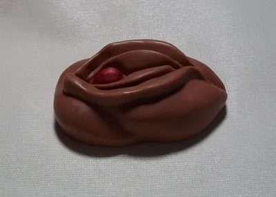 A chocolate candy with a red ball inside of it.
