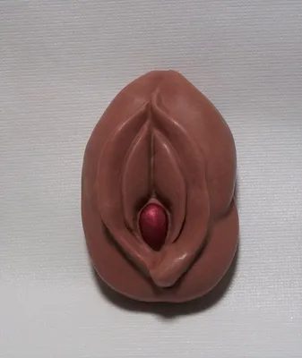 A chocolate sex toy with a red ball inside it.
