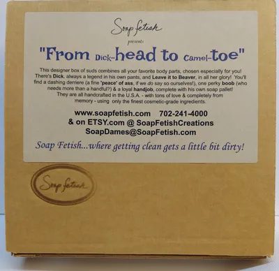 A box of soap that says " from this head to closed toe ".