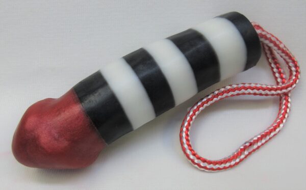A black and white striped object with red tip.