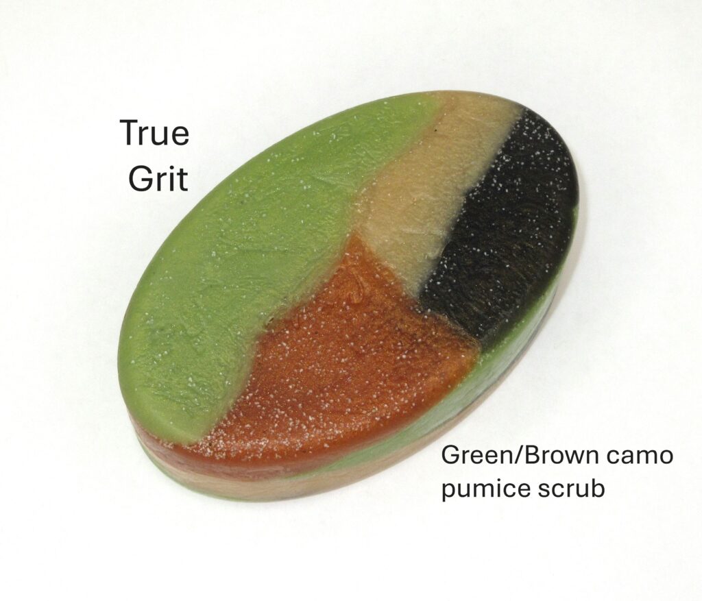Oval green and brown pumice scrub.